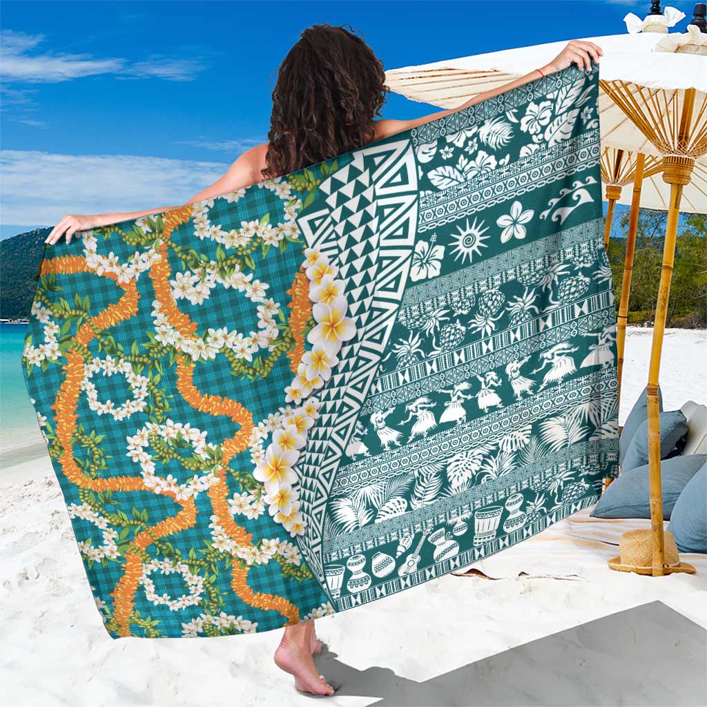 Hawaiian Plumeria Lei Sarong Kakau Motifs and Palaka Half Style Turquoise Color LT03 One Size 44 x 66 inches Turquoise - Polynesian Pride