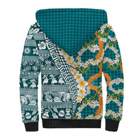 Hawaiian Plumeria Lei Sherpa Hoodie Kakau Motifs and Palaka Half Style Turquoise Color LT03 - Polynesian Pride