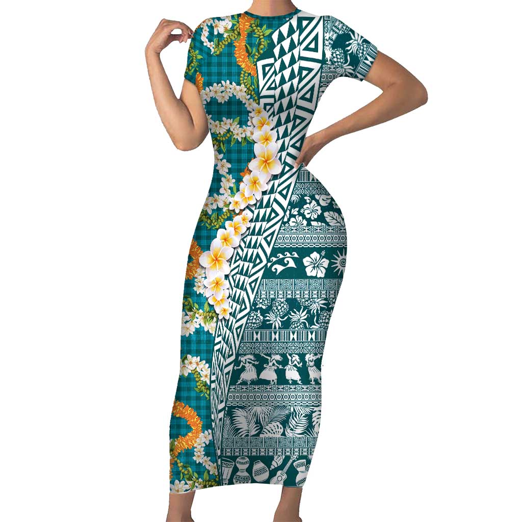 Hawaiian Plumeria Lei Short Sleeve Bodycon Dress Kakau Motifs and Palaka Half Style Turquoise Color - Polynesian Pride