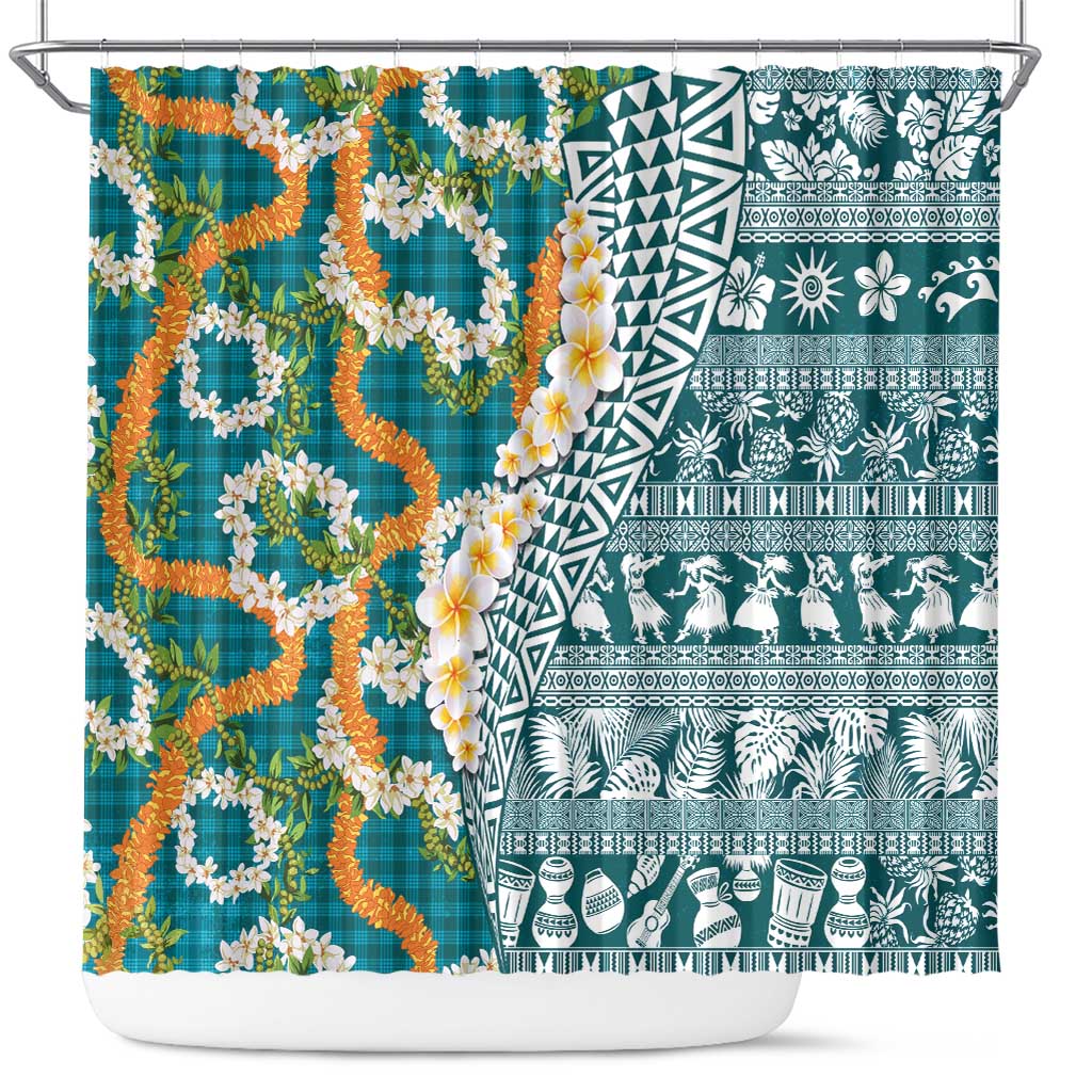 Hawaiian Plumeria Lei Shower Curtain Kakau Motifs and Palaka Half Style Turquoise Color LT03 Turquoise - Polynesian Pride
