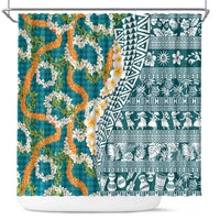 Hawaiian Plumeria Lei Shower Curtain Kakau Motifs and Palaka Half Style Turquoise Color LT03 Turquoise - Polynesian Pride