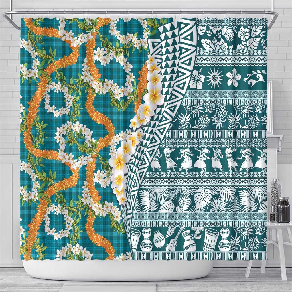 Hawaiian Plumeria Lei Shower Curtain Kakau Motifs and Palaka Half Style Turquoise Color LT03 - Polynesian Pride