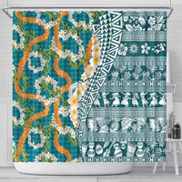 Hawaiian Plumeria Lei Shower Curtain Kakau Motifs and Palaka Half Style Turquoise Color LT03 - Polynesian Pride