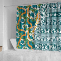 Hawaiian Plumeria Lei Shower Curtain Kakau Motifs and Palaka Half Style Turquoise Color LT03 - Polynesian Pride