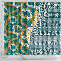 Hawaiian Plumeria Lei Shower Curtain Kakau Motifs and Palaka Half Style Turquoise Color LT03 - Polynesian Pride