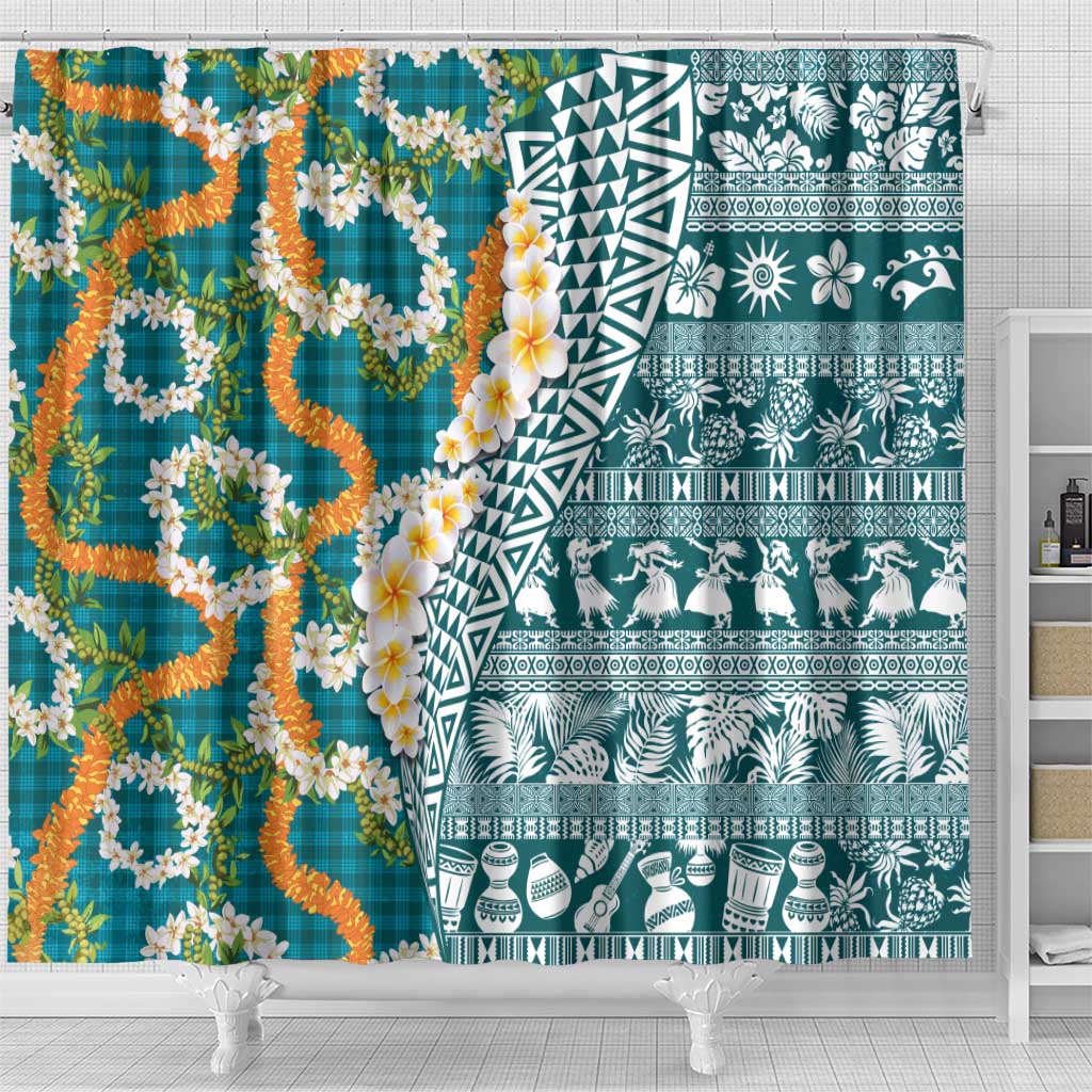 Hawaiian Plumeria Lei Shower Curtain Kakau Motifs and Palaka Half Style Turquoise Color LT03 - Polynesian Pride