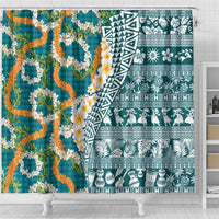 Hawaiian Plumeria Lei Shower Curtain Kakau Motifs and Palaka Half Style Turquoise Color LT03 - Polynesian Pride