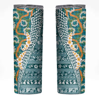 Hawaiian Plumeria Lei Skinny Tumbler Kakau Motifs and Palaka Half Style Turquoise Color LT03 Turquoise - Polynesian Pride