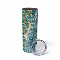 Hawaiian Plumeria Lei Skinny Tumbler Kakau Motifs and Palaka Half Style Turquoise Color LT03 - Polynesian Pride