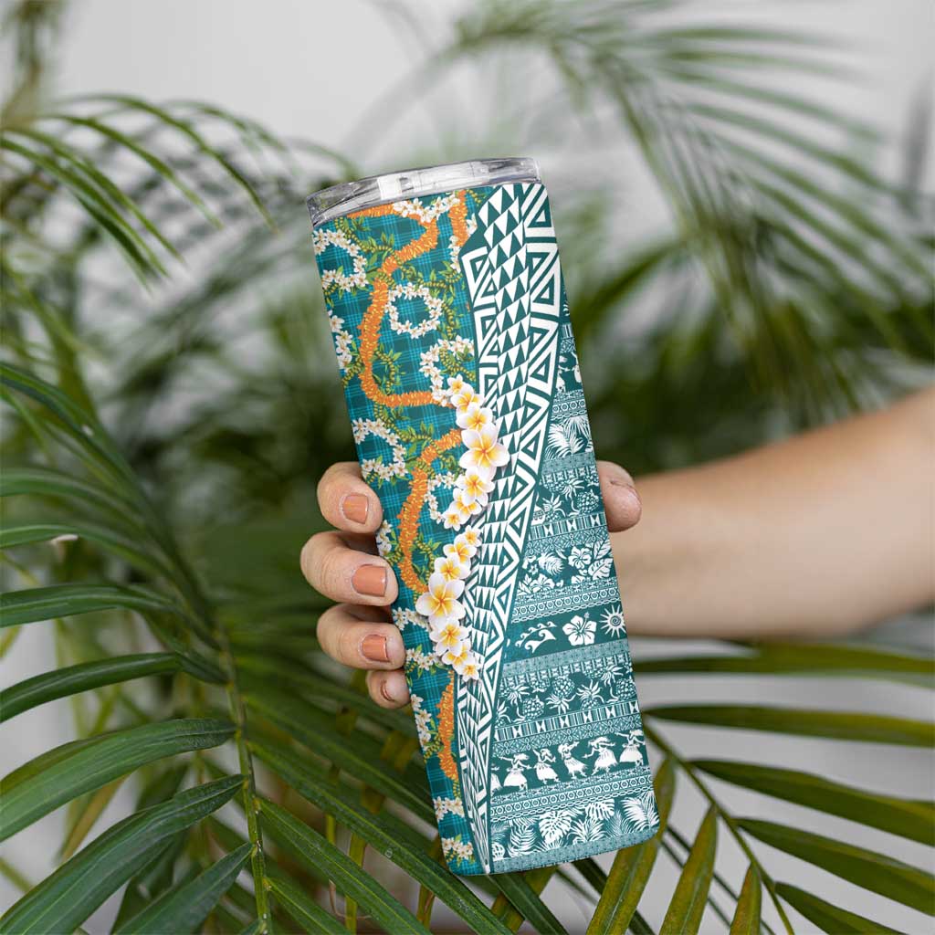 Hawaiian Plumeria Lei Skinny Tumbler Kakau Motifs and Palaka Half Style Turquoise Color LT03 - Polynesian Pride