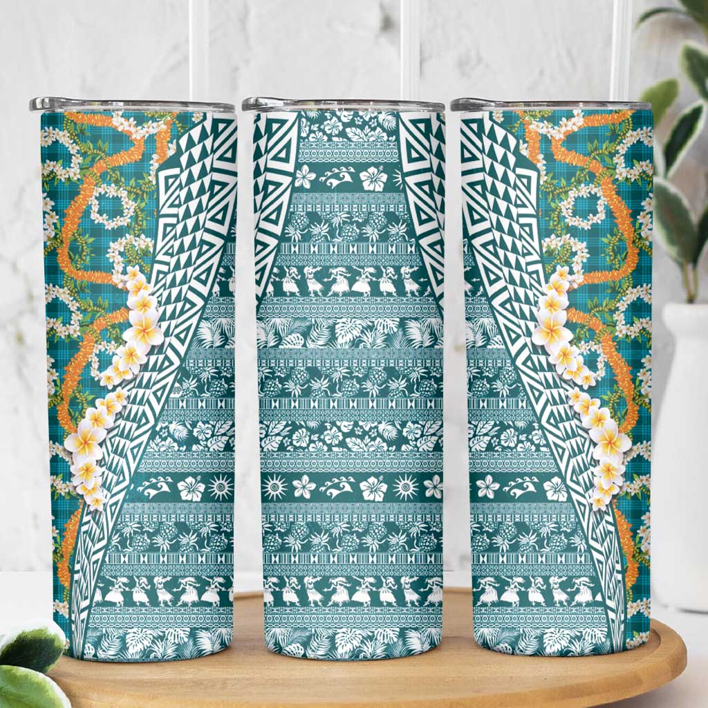 Hawaiian Plumeria Lei Skinny Tumbler Kakau Motifs and Palaka Half Style Turquoise Color LT03 - Polynesian Pride