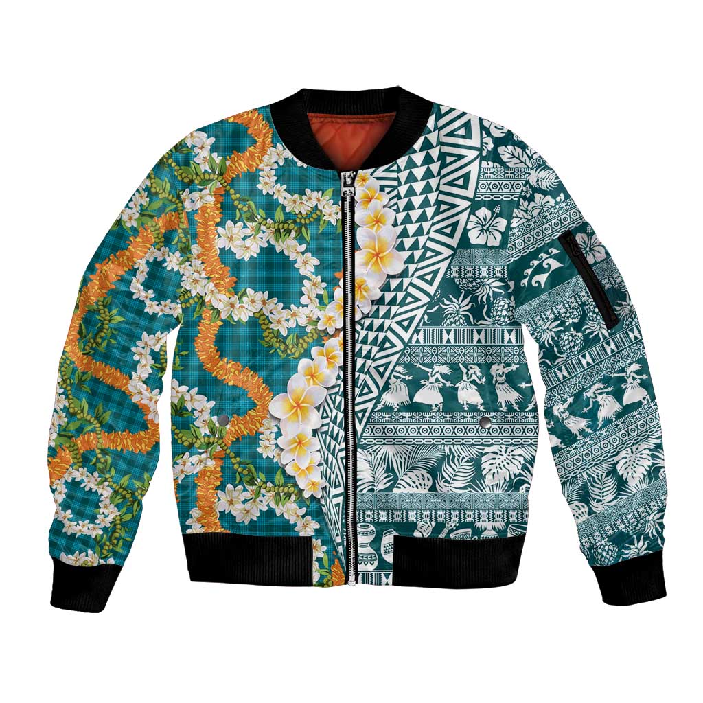 Hawaiian Plumeria Lei Sleeve Zip Bomber Jacket Kakau Motifs and Palaka Half Style Turquoise Color LT03 Unisex Turquoise - Polynesian Pride