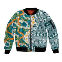 Hawaiian Plumeria Lei Sleeve Zip Bomber Jacket Kakau Motifs and Palaka Half Style Turquoise Color LT03 Unisex Turquoise - Polynesian Pride