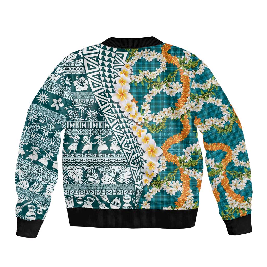 Hawaiian Plumeria Lei Sleeve Zip Bomber Jacket Kakau Motifs and Palaka Half Style Turquoise Color LT03 - Polynesian Pride
