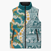 Hawaiian Plumeria Lei Sleeveless Puffer Jacket Kakau Motifs and Palaka Half Style Turquoise Color LT03 Unisex Turquoise - Polynesian Pride