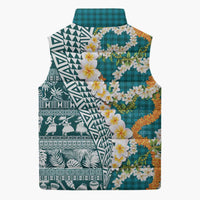 Hawaiian Plumeria Lei Sleeveless Puffer Jacket Kakau Motifs and Palaka Half Style Turquoise Color LT03 - Polynesian Pride