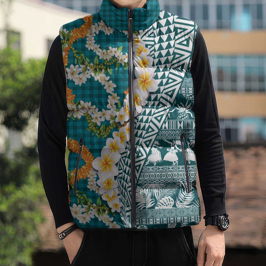 Hawaiian Plumeria Lei Sleeveless Puffer Jacket Kakau Motifs and Palaka Half Style Turquoise Color LT03 - Polynesian Pride