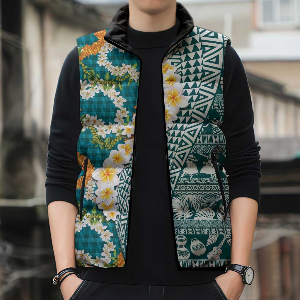 Hawaiian Plumeria Lei Sleeveless Puffer Jacket Kakau Motifs and Palaka Half Style Turquoise Color LT03 - Polynesian Pride