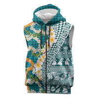 Hawaiian Plumeria Lei Sleeveless Zip Hoodie Kakau Motifs and Palaka Half Style Turquoise Color LT03 Turquoise - Polynesian Pride