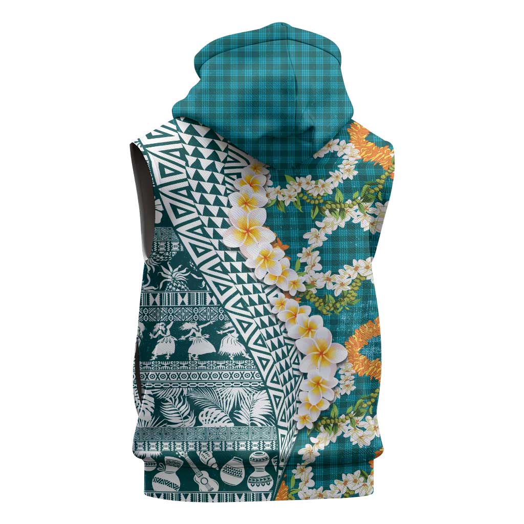 Hawaiian Plumeria Lei Sleeveless Zip Hoodie Kakau Motifs and Palaka Half Style Turquoise Color LT03 - Polynesian Pride
