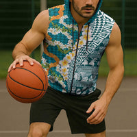 Hawaiian Plumeria Lei Sleeveless Zip Hoodie Kakau Motifs and Palaka Half Style Turquoise Color LT03 - Polynesian Pride