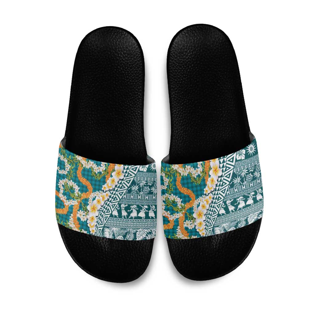 Hawaiian Plumeria Lei Slide Sandals Kakau Motifs and Palaka Half Style Turquoise Color LT03 Turquoise - Polynesian Pride