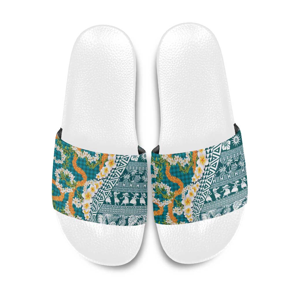 Hawaiian Plumeria Lei Slide Sandals Kakau Motifs and Palaka Half Style Turquoise Color LT03 Turquoise - Polynesian Pride