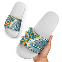 Hawaiian Plumeria Lei Slide Sandals Kakau Motifs and Palaka Half Style Turquoise Color LT03 - Polynesian Pride
