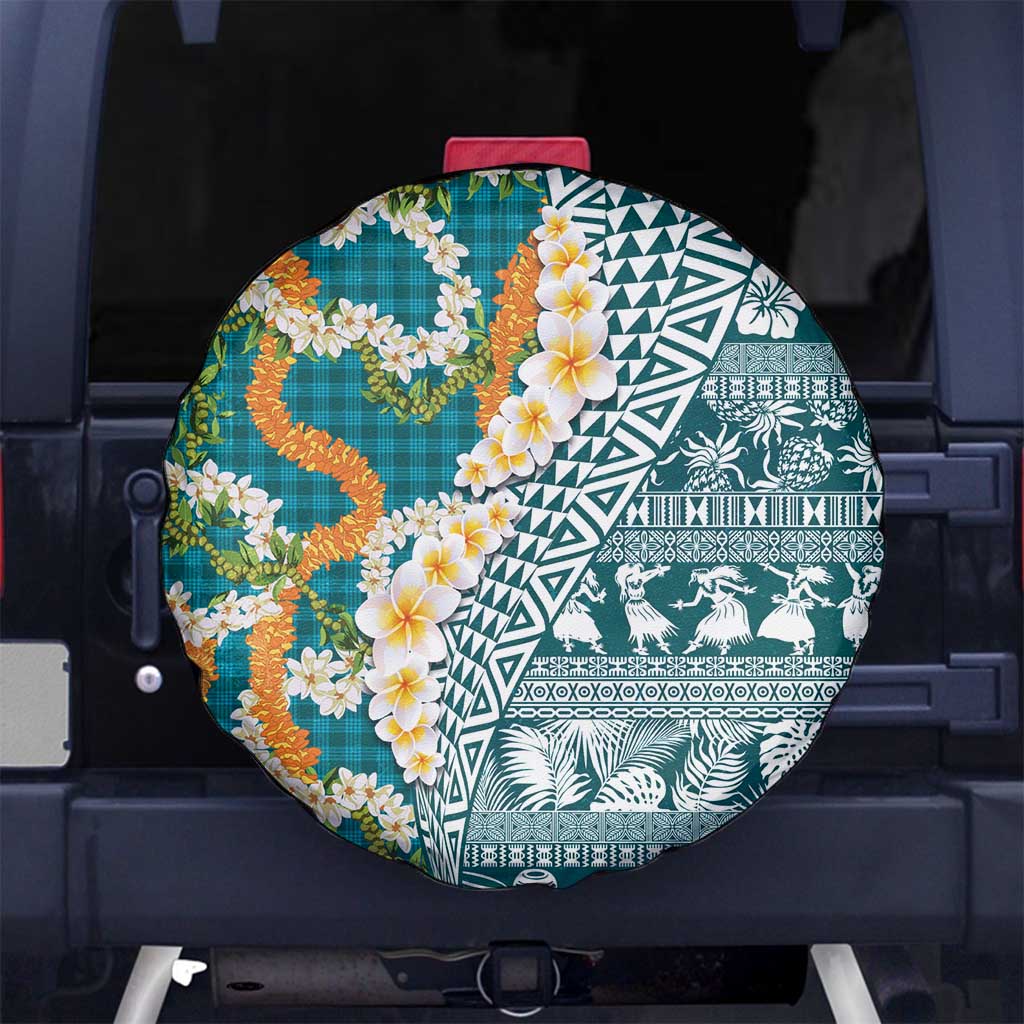 Hawaiian Plumeria Lei Spare Tire Cover Kakau Motifs and Palaka Half Style Turquoise Color LT03 No hole Turquoise - Polynesian Pride