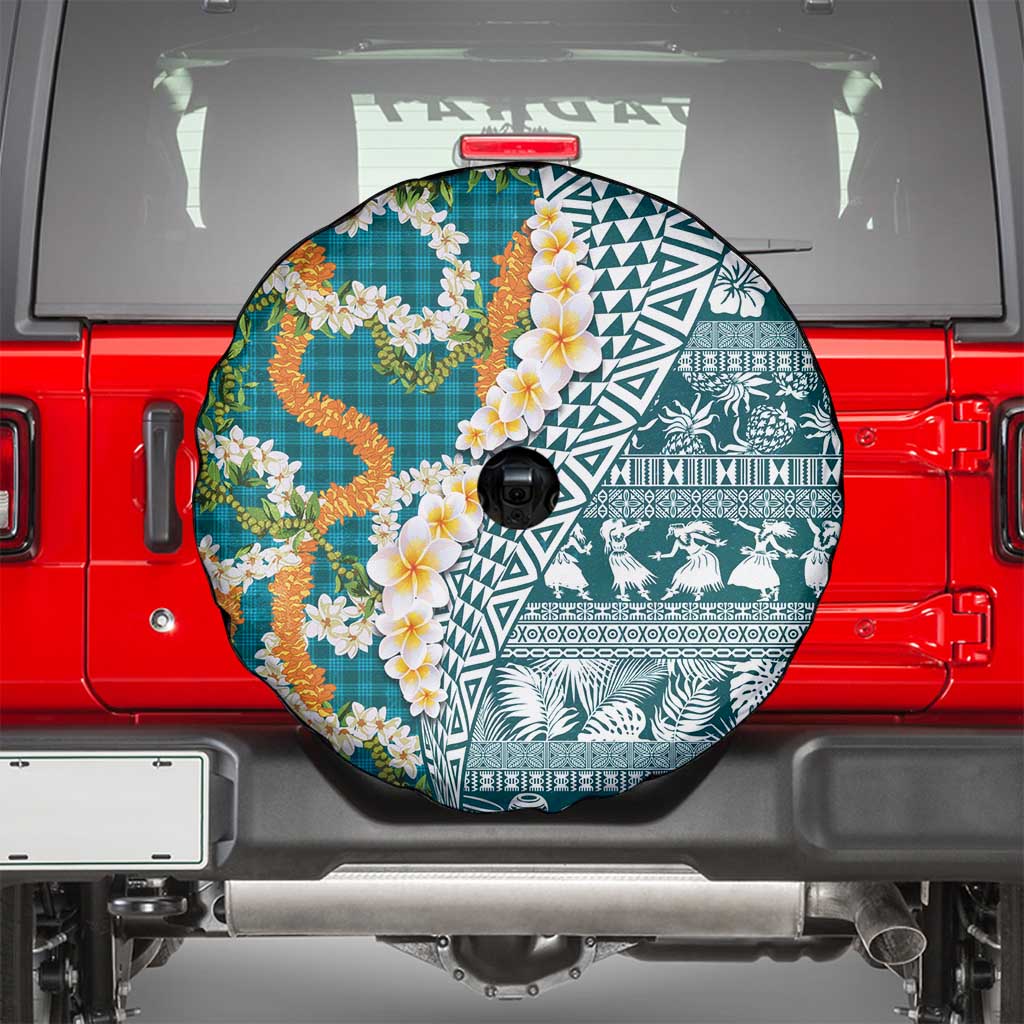 Hawaiian Plumeria Lei Spare Tire Cover Kakau Motifs and Palaka Half Style Turquoise Color LT03 - Polynesian Pride
