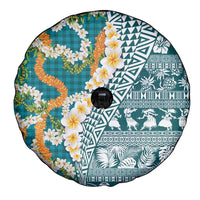 Hawaiian Plumeria Lei Spare Tire Cover Kakau Motifs and Palaka Half Style Turquoise Color LT03 - Polynesian Pride