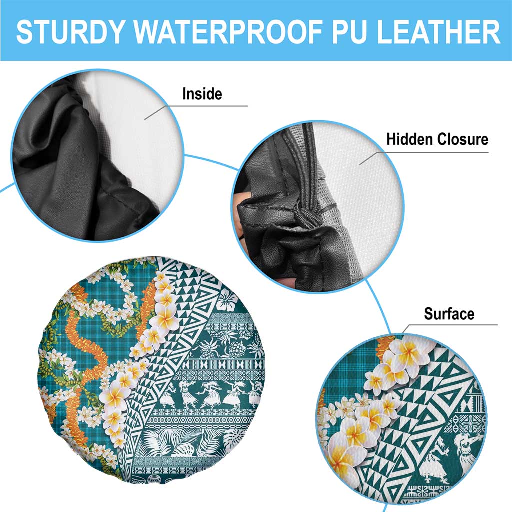 Hawaiian Plumeria Lei Spare Tire Cover Kakau Motifs and Palaka Half Style Turquoise Color LT03 - Polynesian Pride
