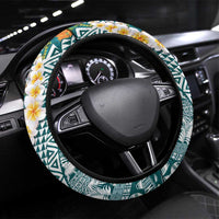 Hawaiian Plumeria Lei Steering Wheel Cover Kakau Motifs and Palaka Half Style Turquoise Color LT03 Universal Fit Turquoise - Polynesian Pride