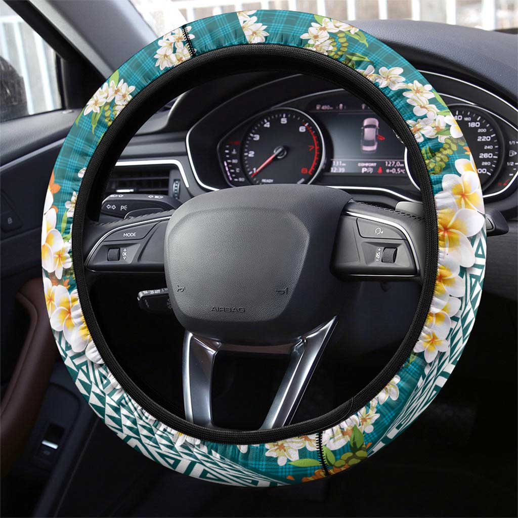 Hawaiian Plumeria Lei Steering Wheel Cover Kakau Motifs and Palaka Half Style Turquoise Color LT03 - Polynesian Pride