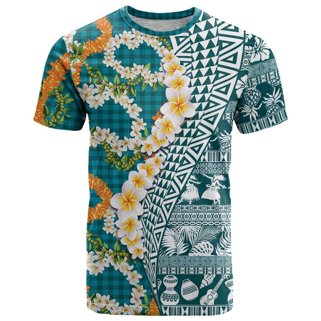 Hawaiian Plumeria Lei T Shirt Kakau Motifs and Palaka Half Style Turquoise Color LT03 Turquoise - Polynesian Pride
