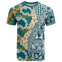 Hawaiian Plumeria Lei T Shirt Kakau Motifs and Palaka Half Style Turquoise Color LT03 Turquoise - Polynesian Pride