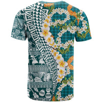 Hawaiian Plumeria Lei T Shirt Kakau Motifs and Palaka Half Style Turquoise Color LT03 - Polynesian Pride