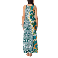 Hawaiian Plumeria Lei Tank Maxi Dress Kakau Motifs and Palaka Half Style Turquoise Color LT03 - Polynesian Pride