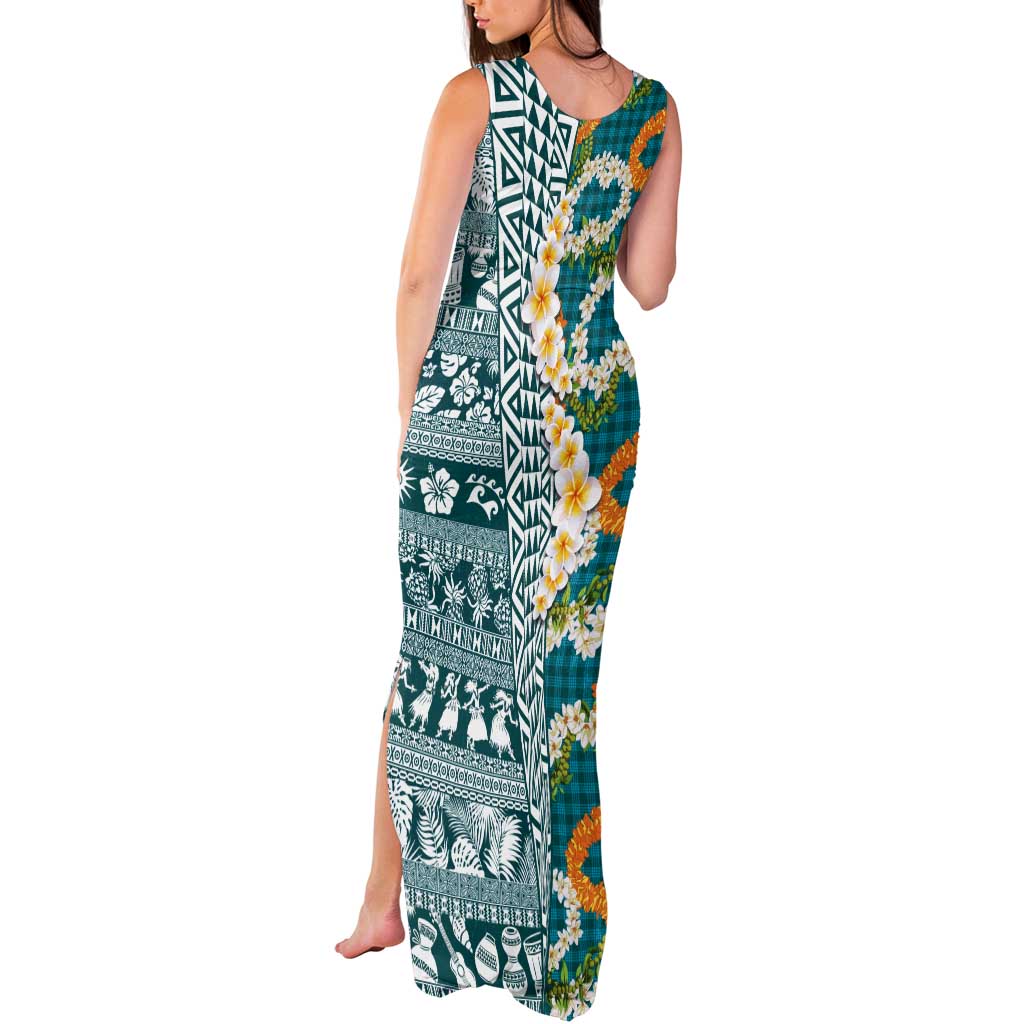 Hawaiian Plumeria Lei Tank Maxi Dress Kakau Motifs and Palaka Half Style Turquoise Color LT03 - Polynesian Pride
