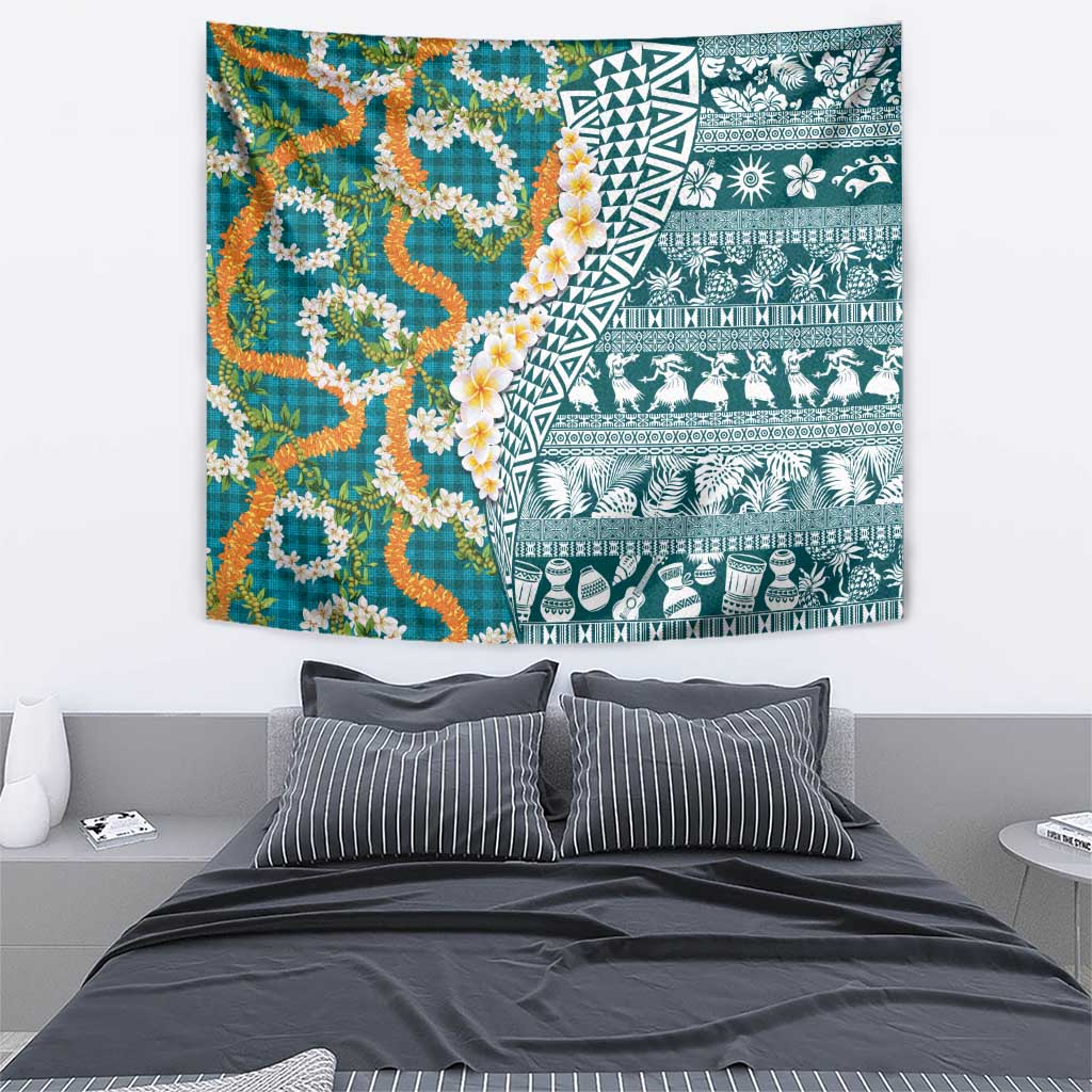 Hawaiian Plumeria Lei Tapestry Kakau Motifs and Palaka Half Style Turquoise Color LT03 - Polynesian Pride