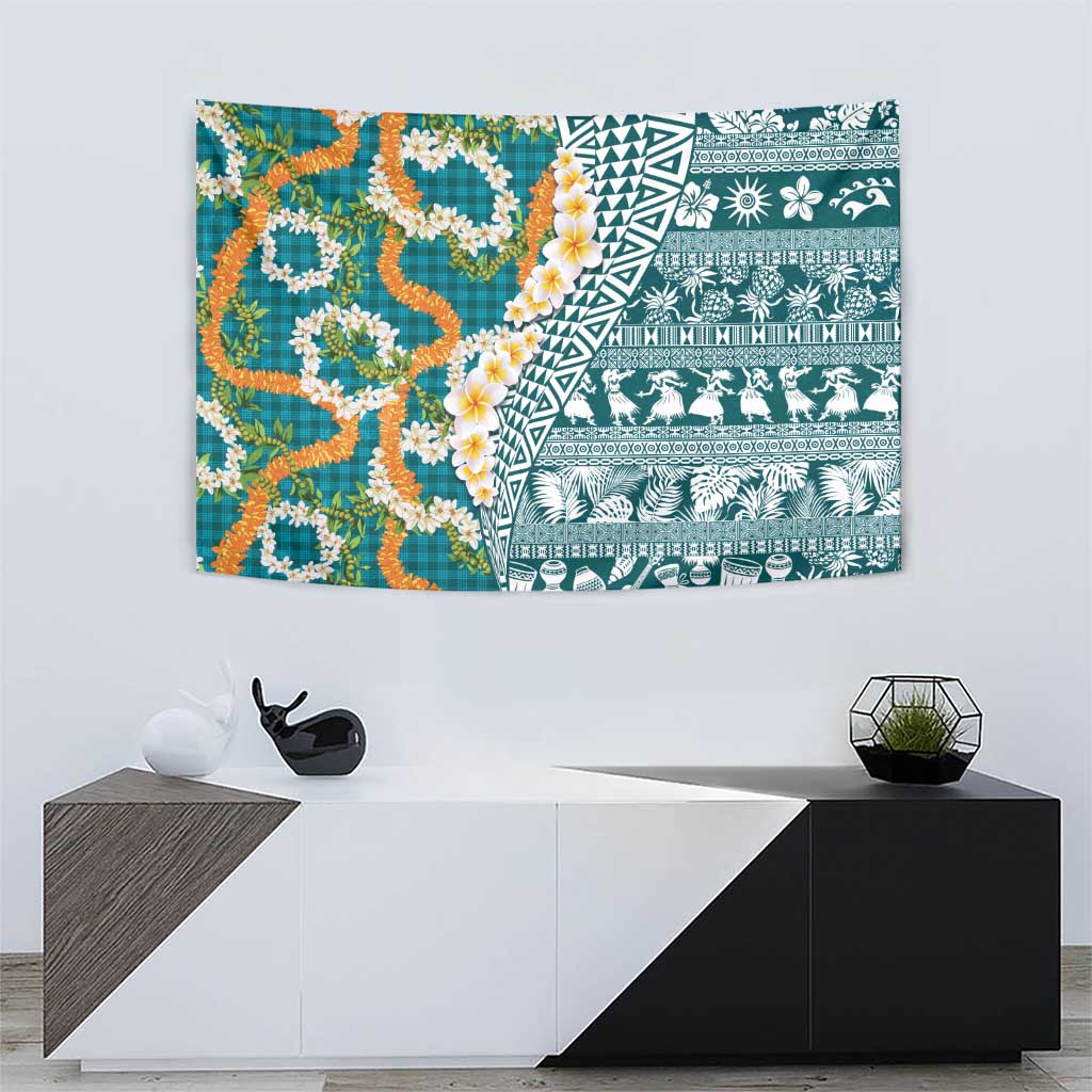 Hawaiian Plumeria Lei Tapestry Kakau Motifs and Palaka Half Style Turquoise Color LT03 - Polynesian Pride
