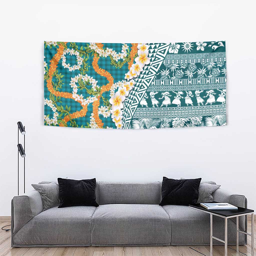 Hawaiian Plumeria Lei Tapestry Kakau Motifs and Palaka Half Style Turquoise Color LT03 - Polynesian Pride