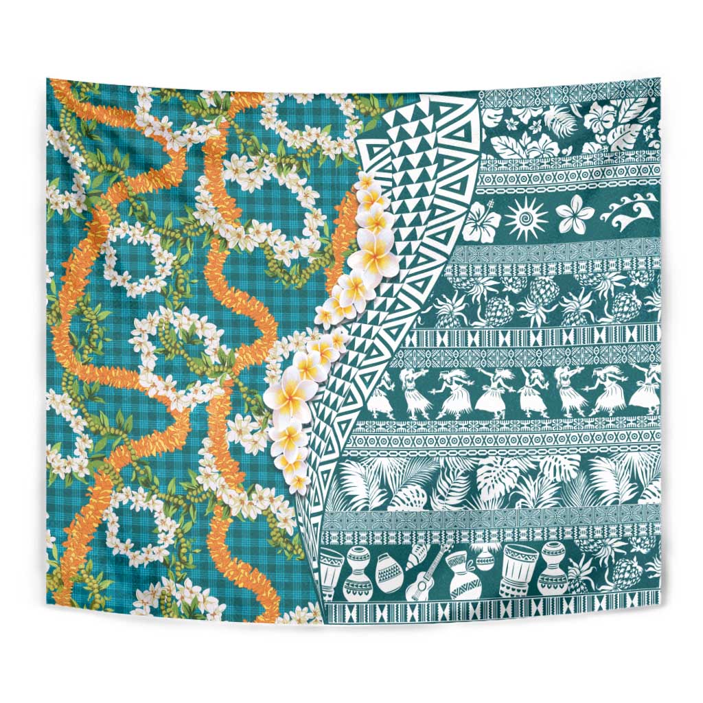Hawaiian Plumeria Lei Tapestry Kakau Motifs and Palaka Half Style Turquoise Color LT03 - Polynesian Pride