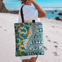 Hawaiian Plumeria Lei Tote Bag Kakau Motifs and Palaka Half Style Turquoise Color LT03 - Polynesian Pride