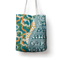 Hawaiian Plumeria Lei Tote Bag Kakau Motifs and Palaka Half Style Turquoise Color LT03 - Polynesian Pride