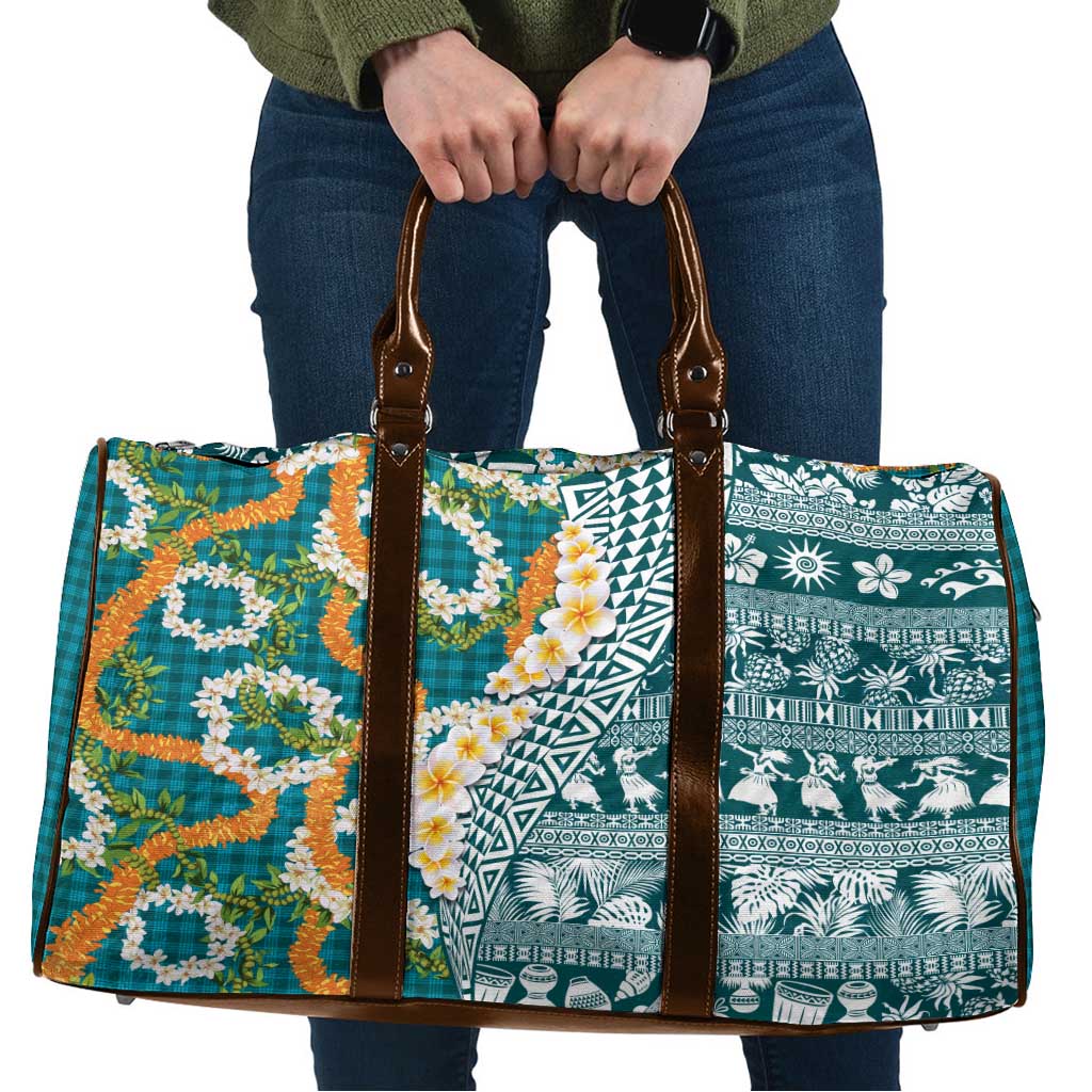Hawaiian Plumeria Lei Travel Bag Kakau Motifs and Palaka Half Style Turquoise Color LT03 Turquoise - Polynesian Pride