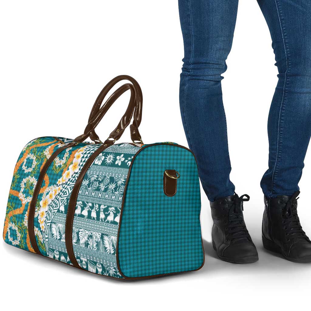 Hawaiian Plumeria Lei Travel Bag Kakau Motifs and Palaka Half Style Turquoise Color LT03 - Polynesian Pride