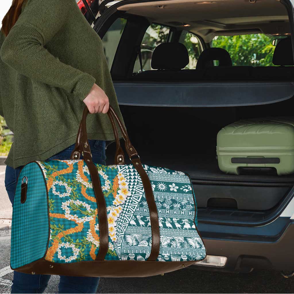 Hawaiian Plumeria Lei Travel Bag Kakau Motifs and Palaka Half Style Turquoise Color LT03 - Polynesian Pride