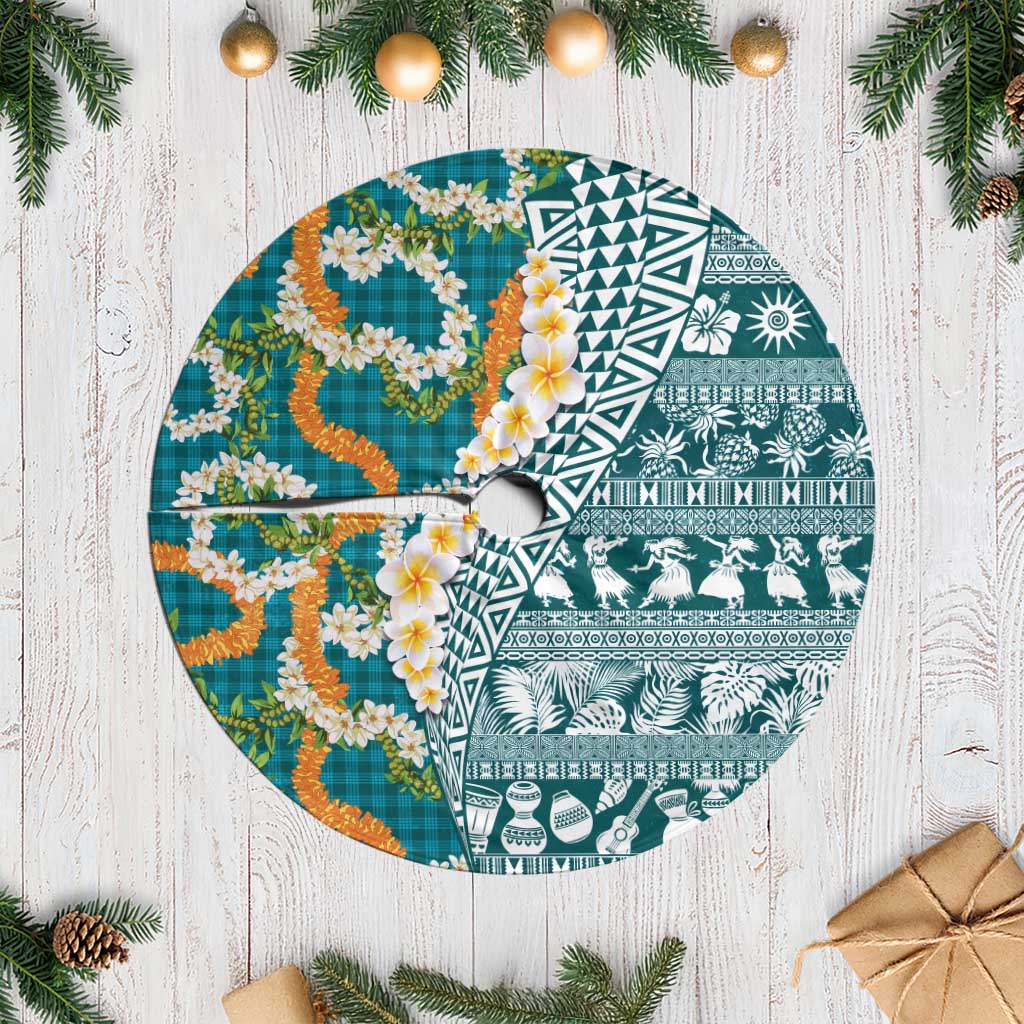 Hawaiian Plumeria Lei Tree Skirt Kakau Motifs and Palaka Half Style Turquoise Color LT03 Casual Turquoise - Polynesian Pride