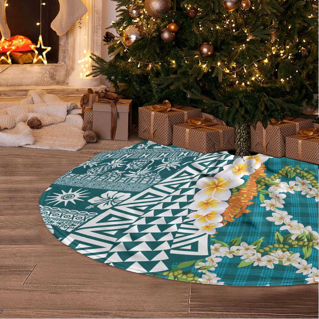 Hawaiian Plumeria Lei Tree Skirt Kakau Motifs and Palaka Half Style Turquoise Color LT03 - Polynesian Pride